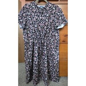 Lands End  Short Sleeve 1/2 Button Floral Dress Large Pockets Drawstring…
